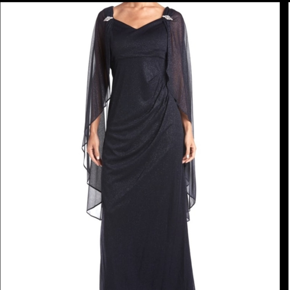 R&M Richards caped sparkling evening gown